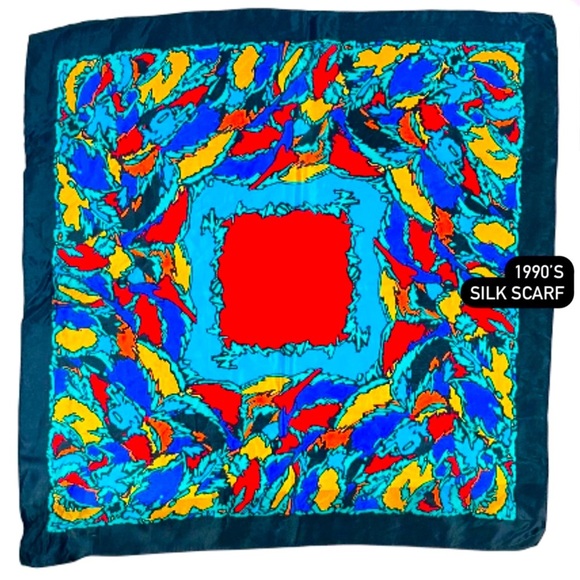 1990s 100% silk print scarf by Acute.  28” square. - Picture 1 of 4